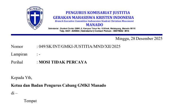 Komisariat Justitia Layangkan Mosi Tidak Percaya Kepada Prayer Paruntu